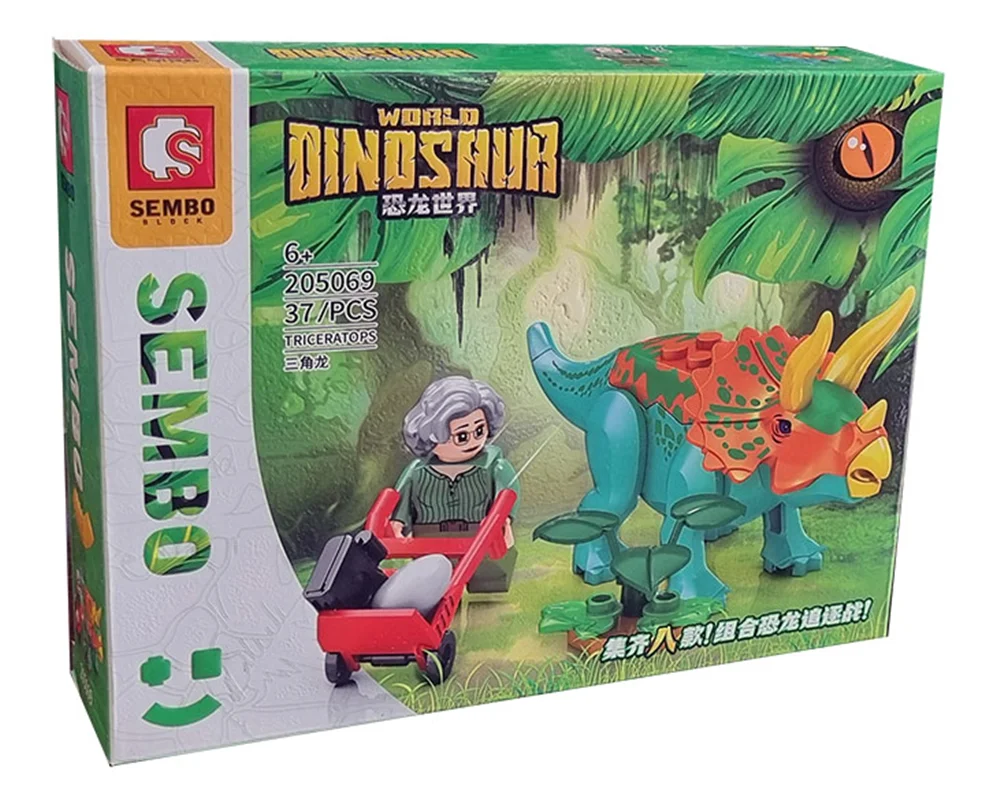 خرید لگو ساختنی سمبو بلاک «دایناسور تریسراتوپس همراه با یک آدمک و چرخ دستی لگویی» لگو  Sembo Block Lego Building Blocks Triceratops Dinosaur 205069