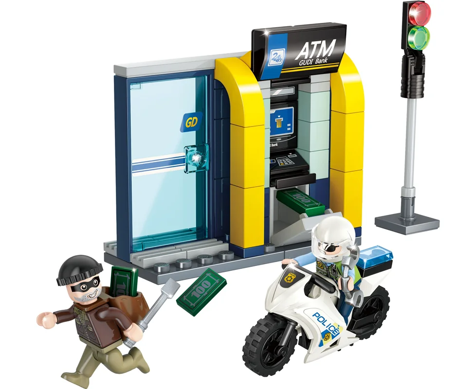 خرید لگو ساختنی گودی «لیوین سیتی، 2 آدمک لگویی دزد و پلیس، دستگاه ATM و موتور پلیس» لگو  Xinlexin Gudi Lego Livin City 10001C