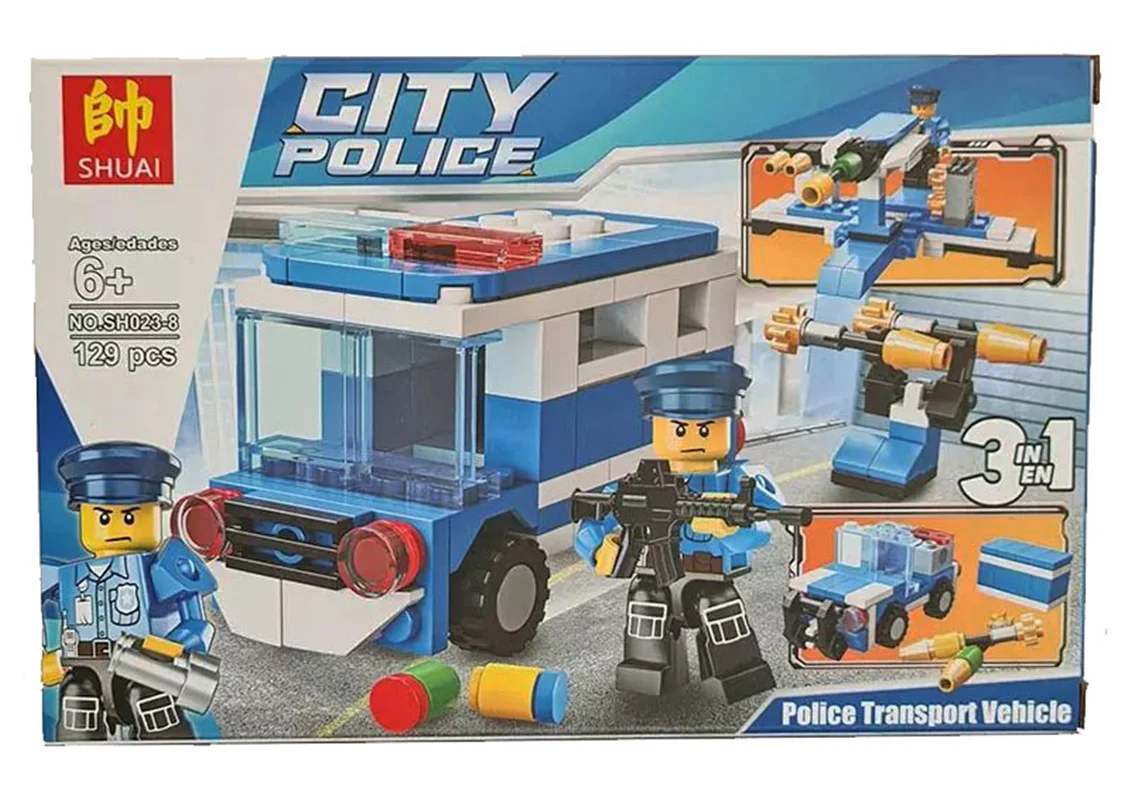 خرید لگو ماشین شاسی بلند پلیس، آزمایشگاه پلیس، ایرکرافت پلیس، وسیله حمل و نقل پلیس، تراکتور پلیس، ماشین اسپورتت پلیس، قایق تندرو پلیس و پایگاه پلیس، لگو «ست 8 تایی مجموعه پلیس شهر» Lego Shuai City Police, city police collection set Of 8 SH023-1-8