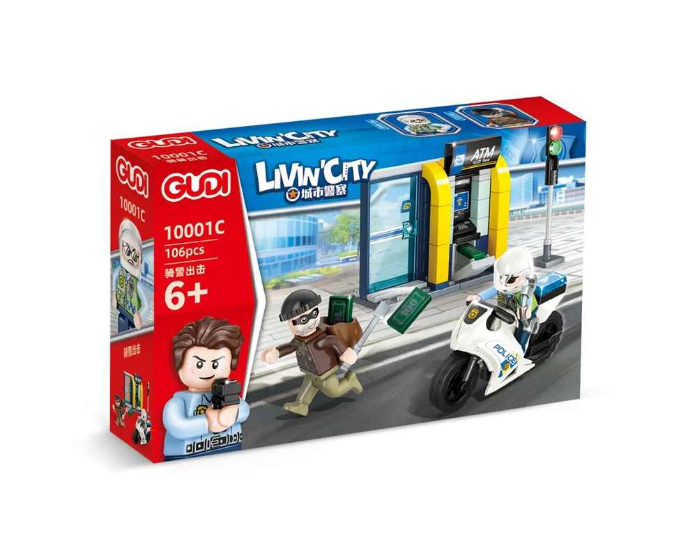 خرید لگو ساختنی گودی «لیوین سیتی، 2 آدمک لگویی دزد و پلیس، دستگاه ATM و موتور پلیس» لگو  Xinlexin Gudi Lego Livin City 10001C