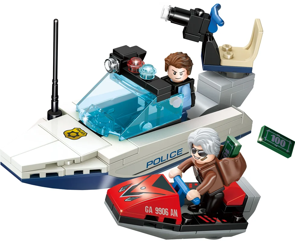 خرید لگو ساختنی گودی «لیوین سیتی، 2 آدمک لگویی دزد و پلیس، کشتی پلیس و قایق موتوری دزد لگویی» لگو  Xinlexin Gudi Lego Livin City 10001D