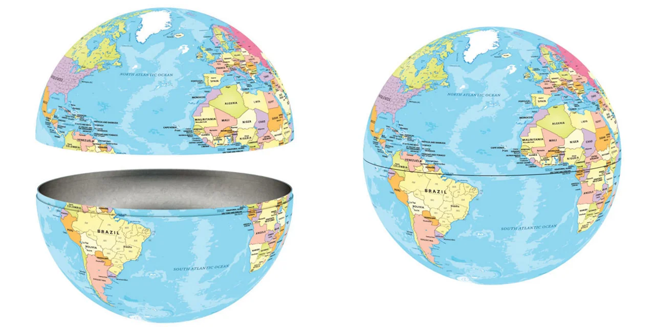 نمای سهبعدی از بستهبندی فلزی پازل نقشه جهان یوروگرافیک