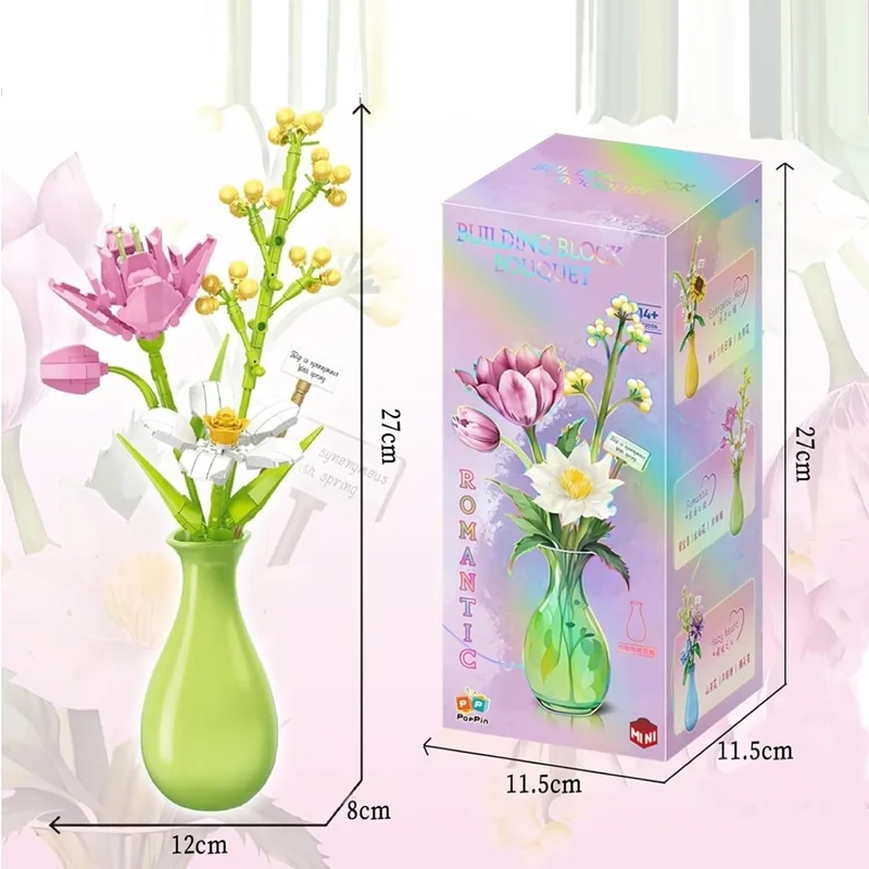نمایش ابعاد بسته بندی و ساخته شده لگو گلدان گل رومانتیک