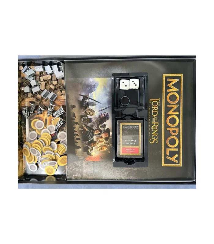 نمای داخلی جعبه و قطعات بازی فکری مونوپولی ارباب حلقهها