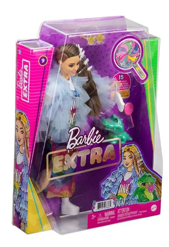 خرید اسباب بازی برند مَتِل «باربی اکسترا با پیراهن بلند رنگین کمانی» Mattel Toys Barbie Doll And Accessories, Barbie Extra Doll With Pet Crocodile
