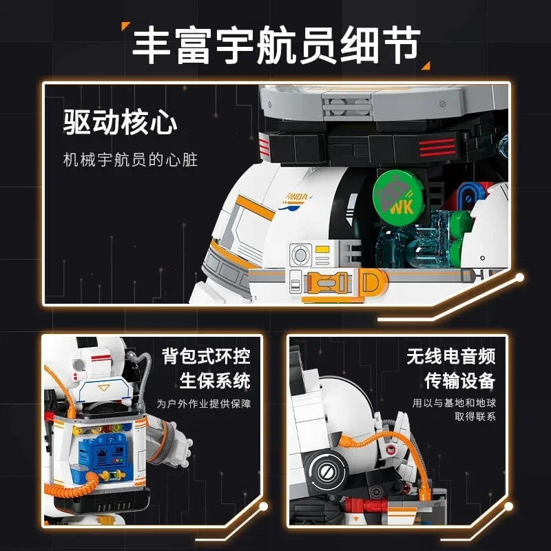 نمای پشت لگو پاندا فضانورد با بخشهای مکانیکی و کوله پشتی مخصوص فضانوردی.