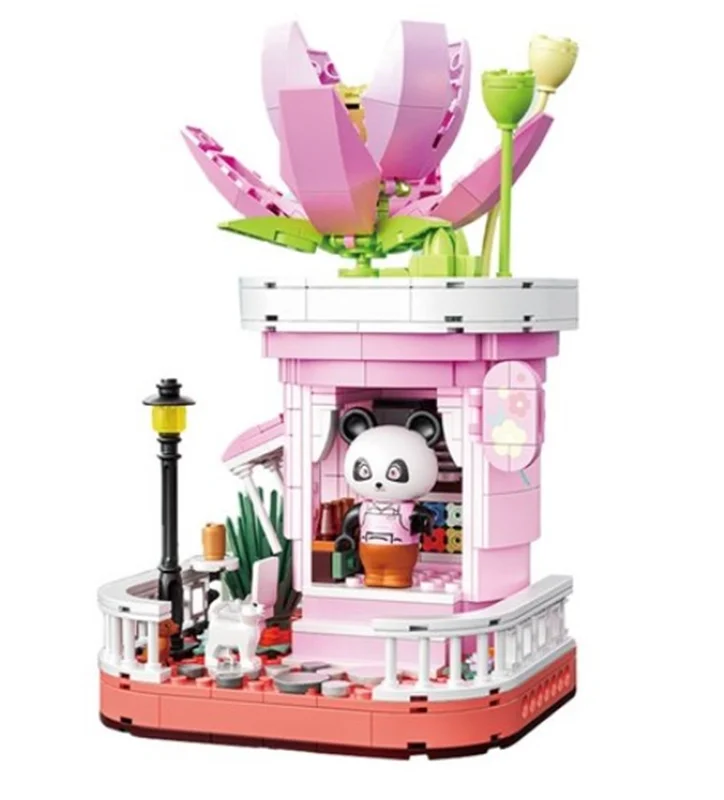 نمای مورب لگو پاندا گل فروشی لوتوس Panda Flower Shop Lotus با سقف گل لوتوس شکوفهدار و فیگور پاندا