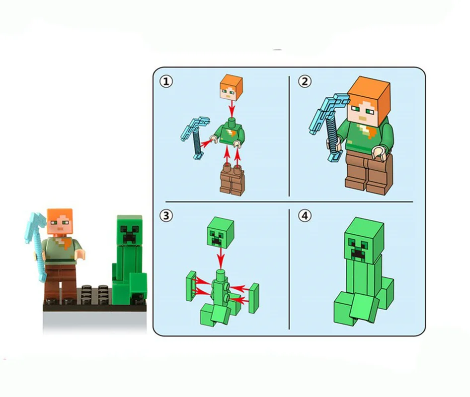 آدمک لگویی فله مینی فیگور لگویی «الکس و کریپر» Kopf XINH Minecraft Animation Series Minifigure Alex & Creeper XH360