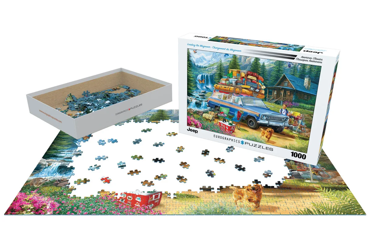 پازل چیدهشده بارگیری جیپ واگنیر روی میز چوبی