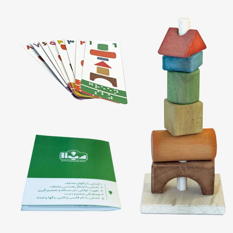 قطعات و دفترچه و کارت های بازی فکری ستون اشکال چوبی Wooden Shapes Column game