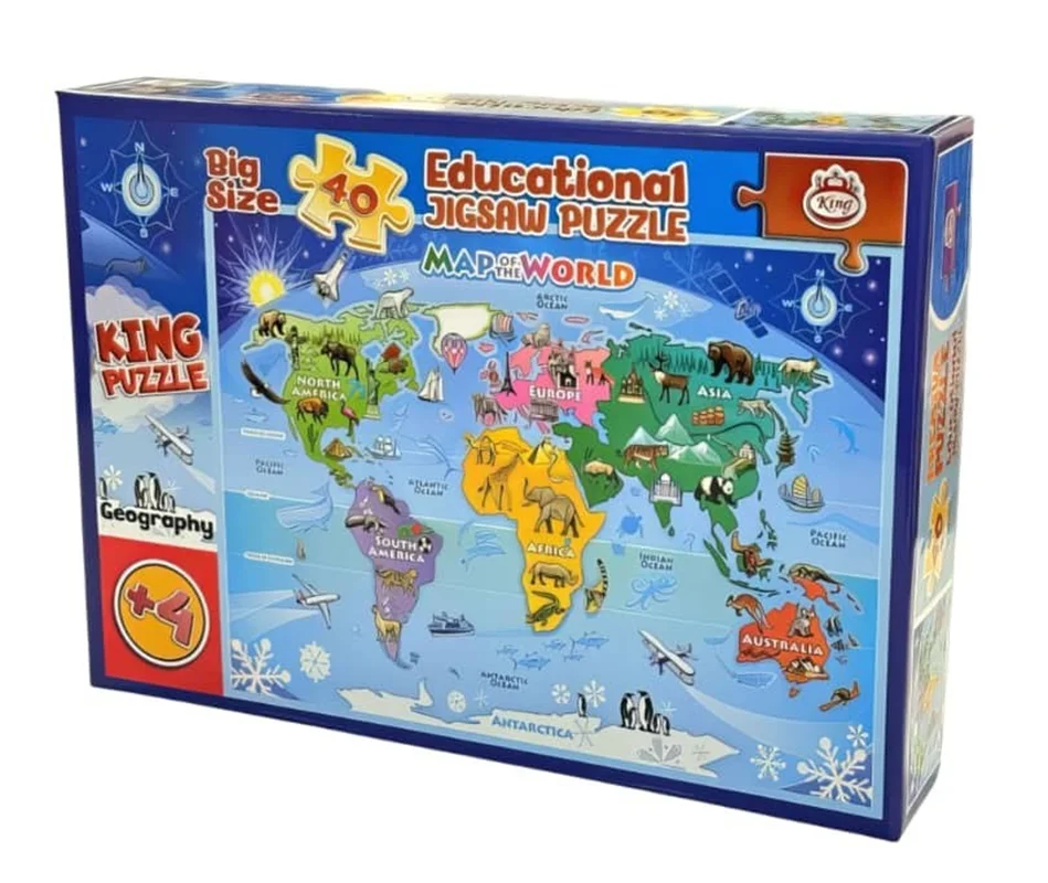 نمای جلوی جعبه پازل آموزشی کودکان Education Jigsaw Puzzle King مدل جغرافیا با 40 قطعه