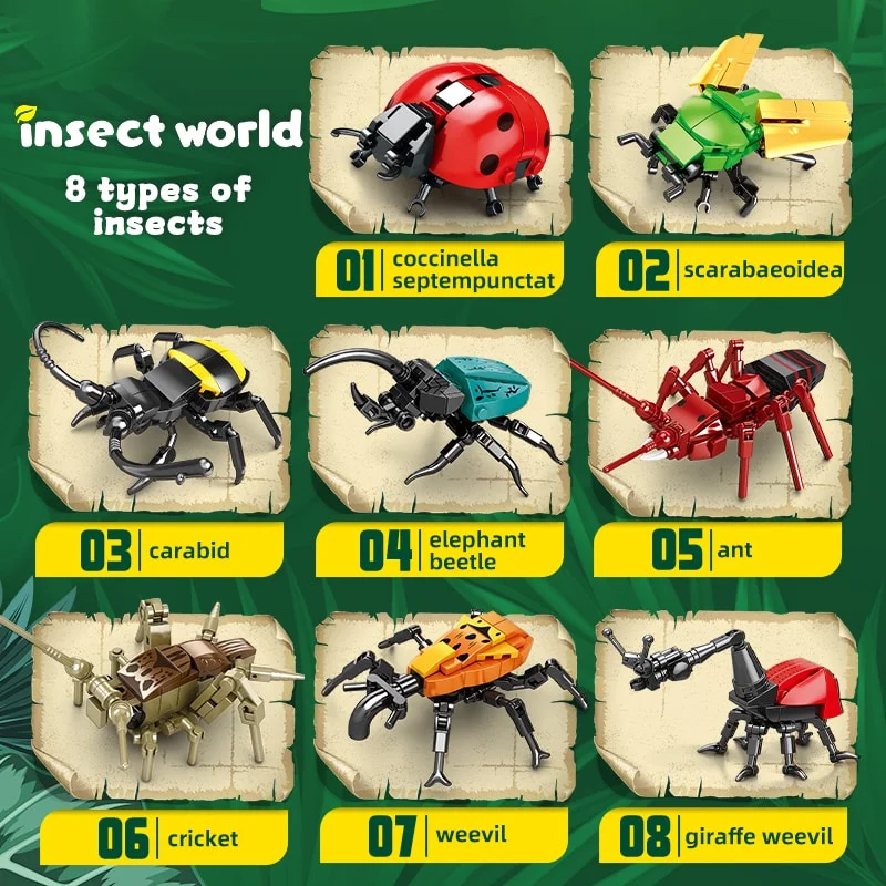 لگو دنیای حشرات Insect World پوستر آموزشی با نام علمی و انگلیسی 8 گونه حشره در پسزمینه جنگلی