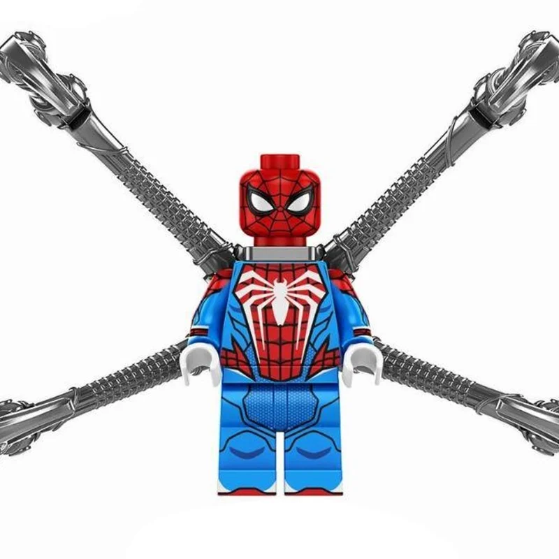 نمای جلو فیگور اسپایدرمن با لباس پیشرفته پلیاستیشن ۵ و بازوهای نقرهای