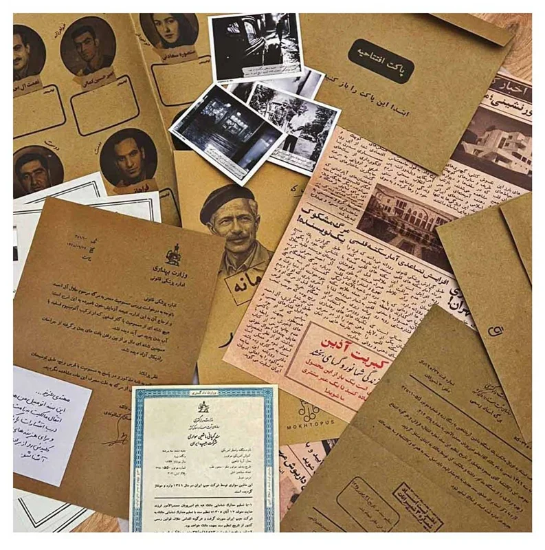 صحنه چیدمان کامل محتویات بازی فکری پرونده معمایی مرگ مشکوک جلال آل احمد روی میز