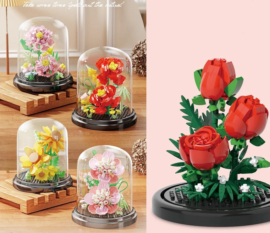 لگو گل رز Rose Flower 7233 ساختهشده نمای  در محفظه با سایر گل ها