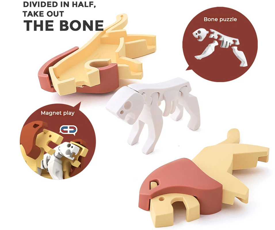 خرید بازی فکری ساختنی دایناسور 3 بعدی مغناطیسی «لیون» Halftoys 3D Bone Puzzle Magnet Play Savannah animal friends  HAS001