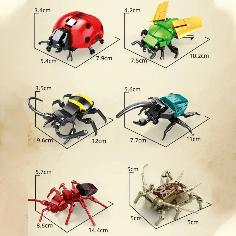 لگو دنیای حشرات Insect World تصویر ابعاد دقیق 6 مدل حشره شامل کفشدوزک، جیرجیرک، عنکبوت و سوسکها