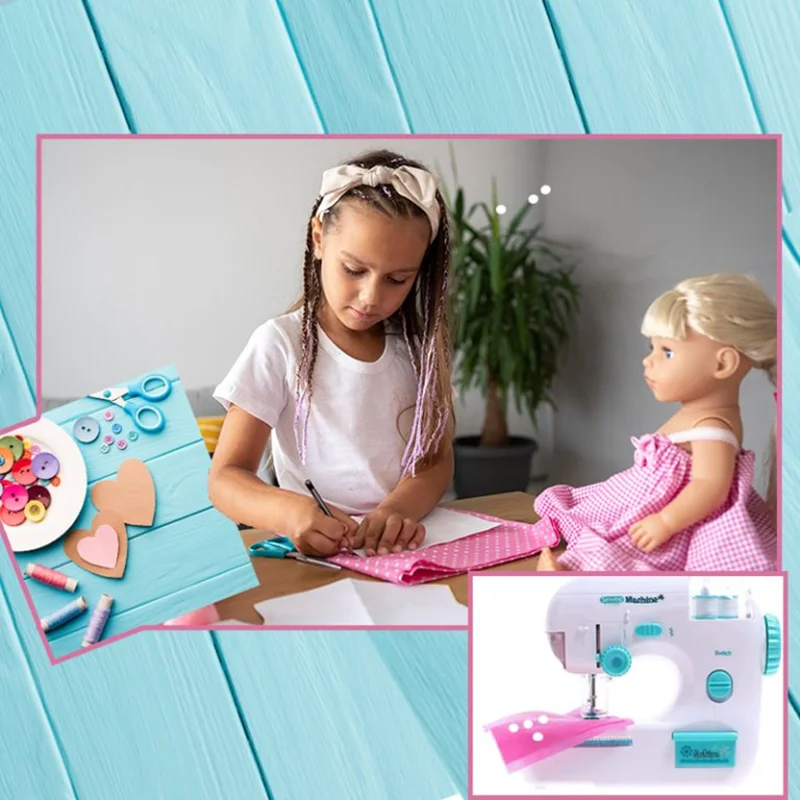 تصویری از کودک در حال استفاده از چرخ خیاطی برای دوخت پارچه