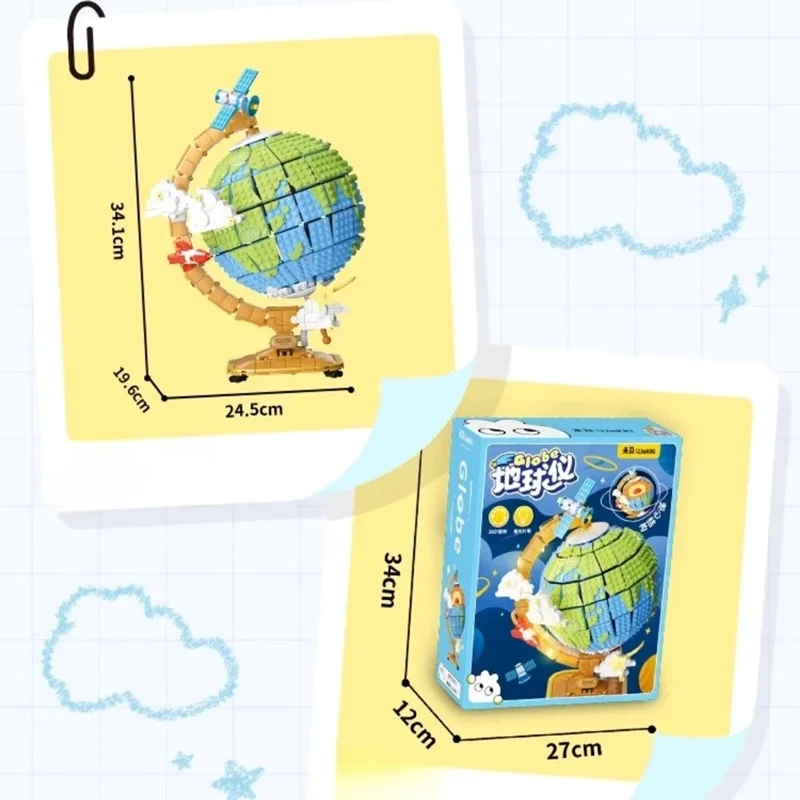 ابعاد دقیق لگو کره زمین شامل ارتفاع ۳۴.۱ سانتیمتر، عرض ۲۴.۵ سانتیمتر و عمق ۱۹.۶ سانتیمتر