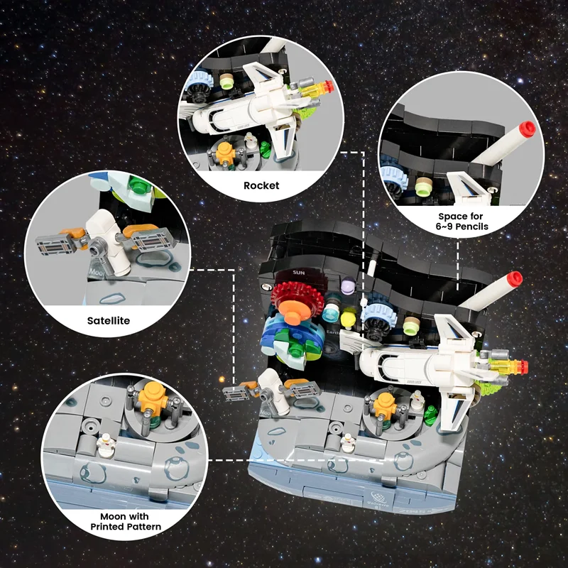 نمایش دقیق اجزای مختلف لگو جامدادی کیهان کاوشگر فضا شامل موشک، ماه، زمین و سیارهها