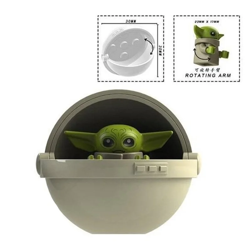 نمای جلویی فیگور شخصیت بیبی یودا در کالسکه فضایی از سریال مندلورین