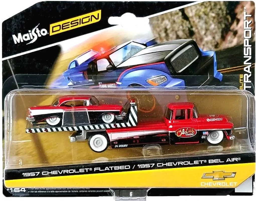 نمای بستهبندی جلو ماشین فلزی شورلت فلت بد و بل ایر Maisto Design 1957 Chevrolet Flatbed 1957 Chevrolet Bel Air