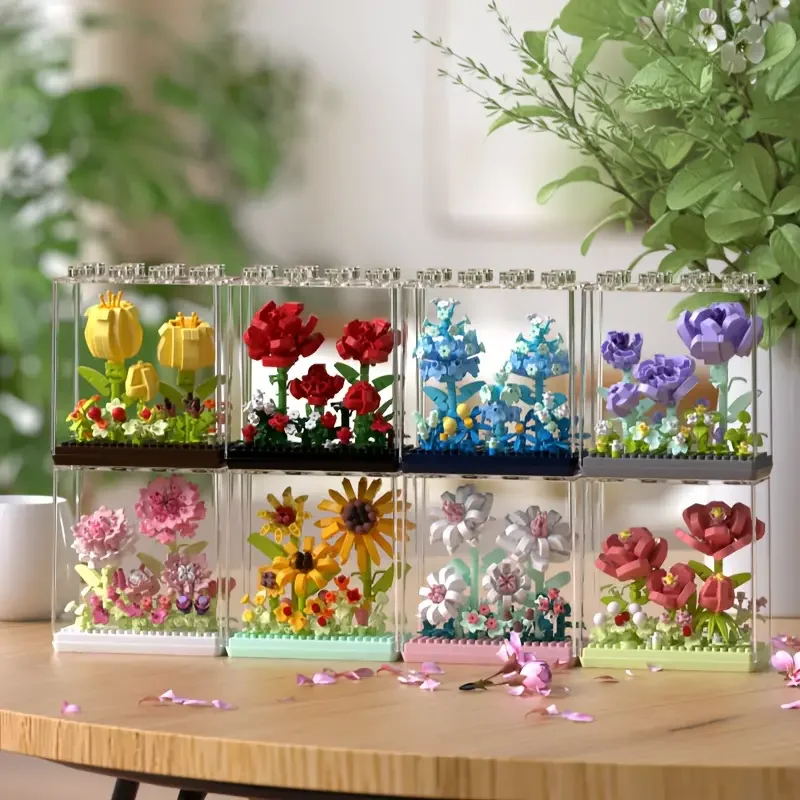 لگو باکس گل صدتومانی Peony 7378 در کنار دیگر گلهای لگویی قابل مونتاژ به یکدیگر