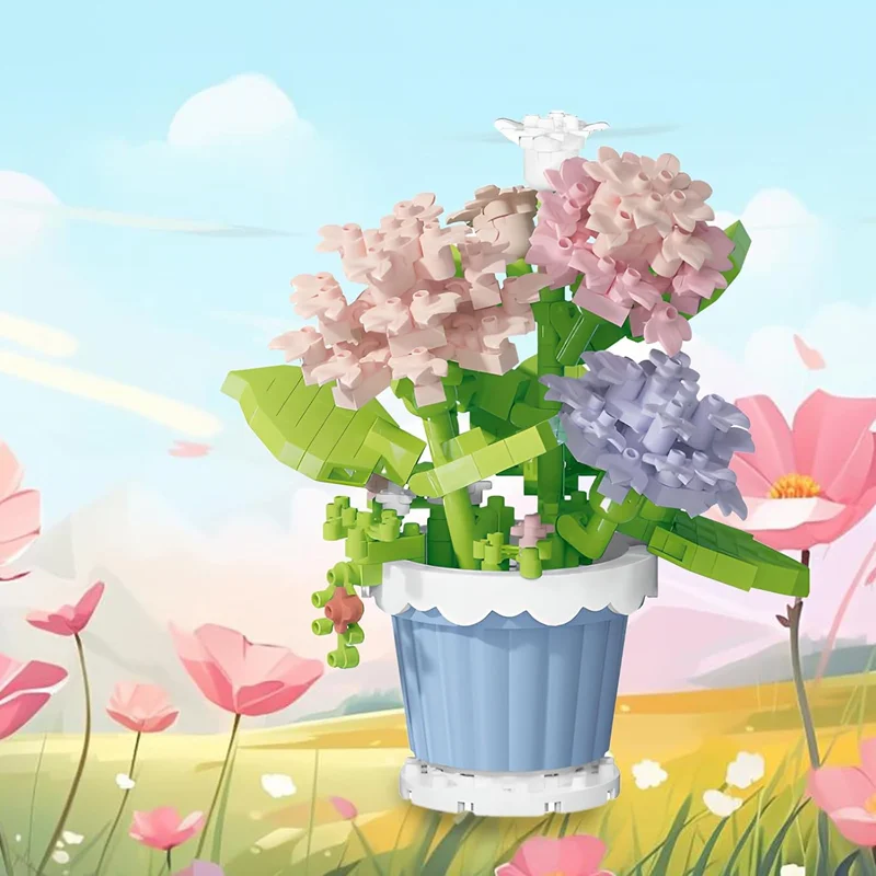 لگو گلدان گل ادریسی Hydrangea 7230 در کنار گلهای طبیعی