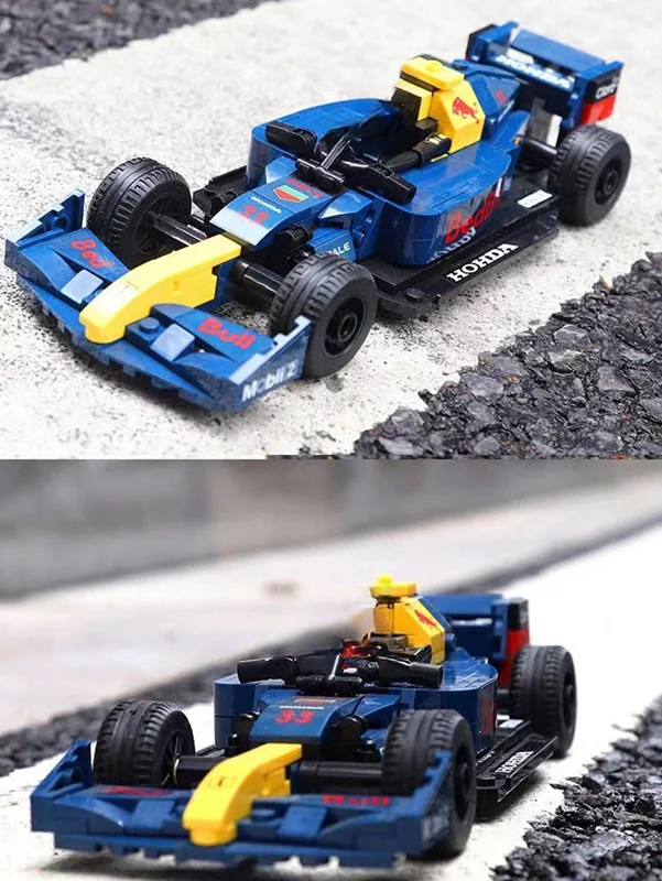 لگو فرمول یک تکنولوژی آبی در نمای نزدیک بر روی سطح جاده، شبیه به ماشین واقعی