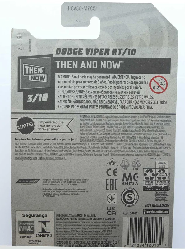 پشت کارت بستهبندی ماشین فلزی هات ویلز دودج وایپر RT/10 Then And Now