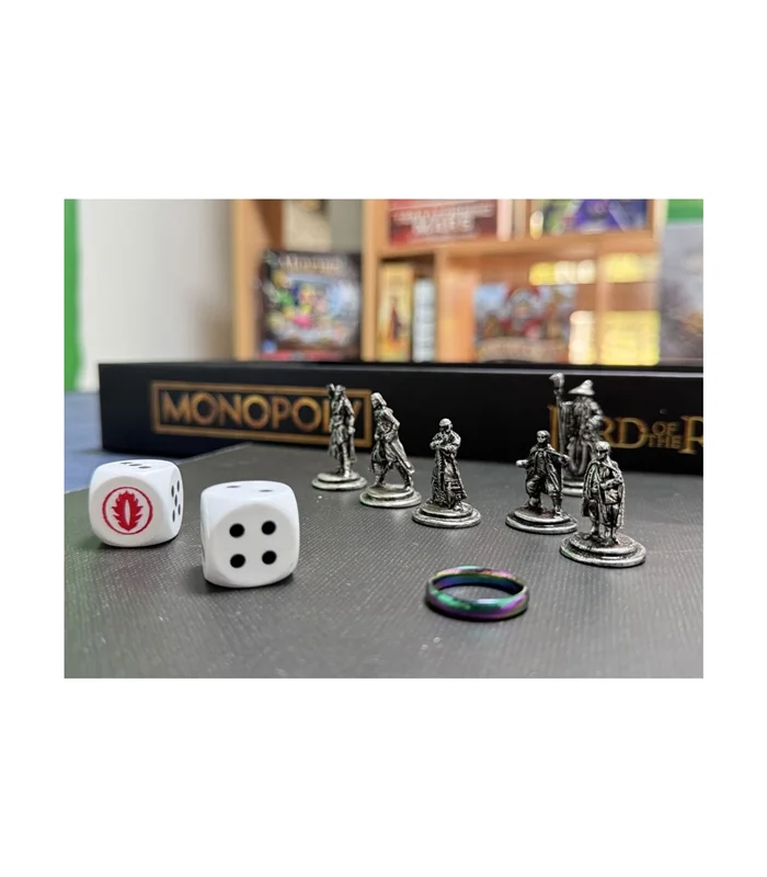 تصویر حلقه قدرت و ردیاب مسیر Mount Doom و مهره های فلزی در بازی فکری مونوپولی ارباب حلقهها