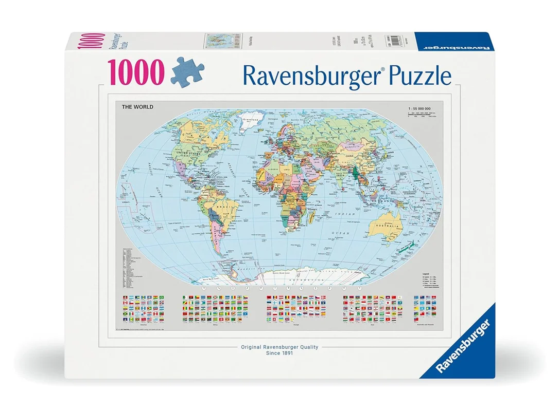 جعبه پازل Ravensburger 1000 تکه نقشه سیاسی جهان Political World Map نمای جلوی بسته