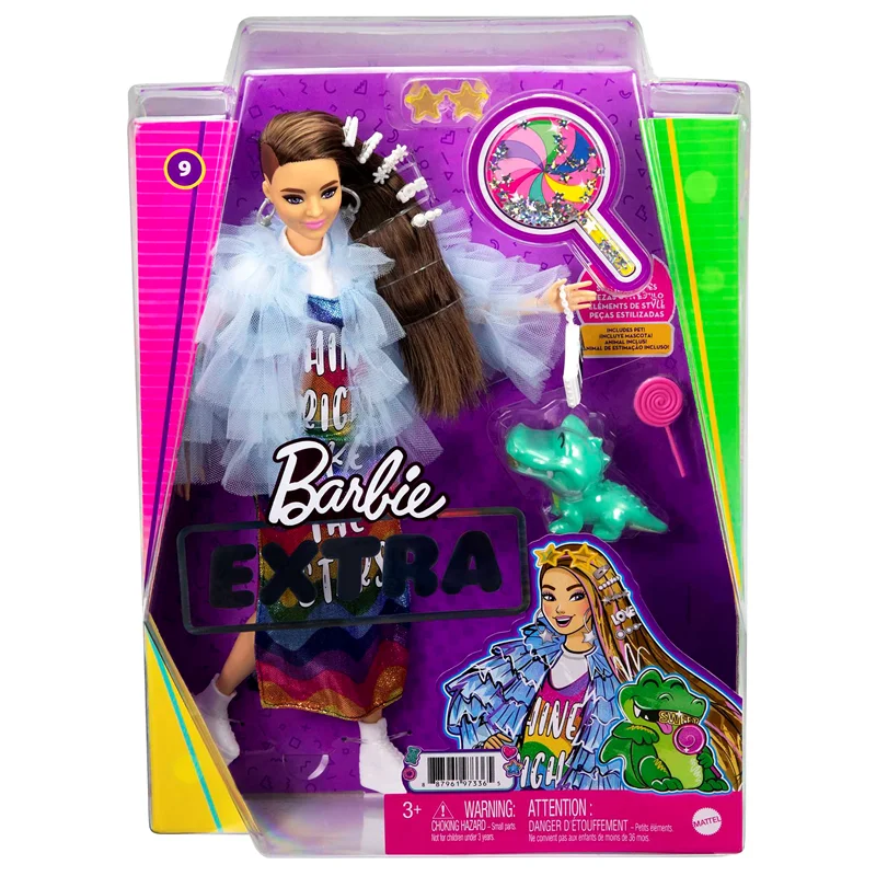 خرید اسباب بازی برند مَتِل «باربی اکسترا با پیراهن بلند رنگین کمانی» Mattel Toys Barbie Doll And Accessories, Barbie Extra Doll With Pet Crocodile