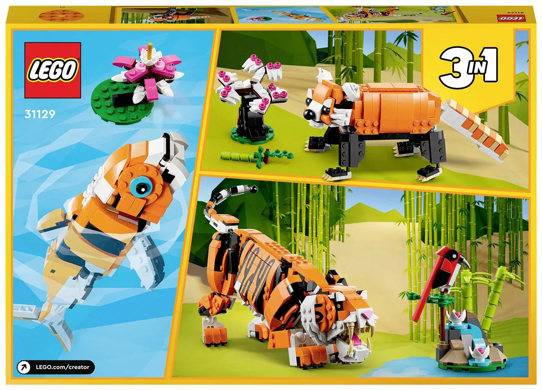 خرید برند لگو «ببر باشکوه، 3 حیوان هیجان انگیز در 1 مجموعه شگفت انگیز» Lego Building Blocks LEGO Creator 3 in 1 Majestic Tiger to Panda or Koi Fish Set , Animal Figures 31129