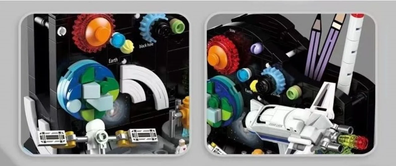 نمای نزدیک از چرخدندههای رنگارنگ و اجزای فضایی موجود در لگو جامدادی کیهان کاوشگر فضا