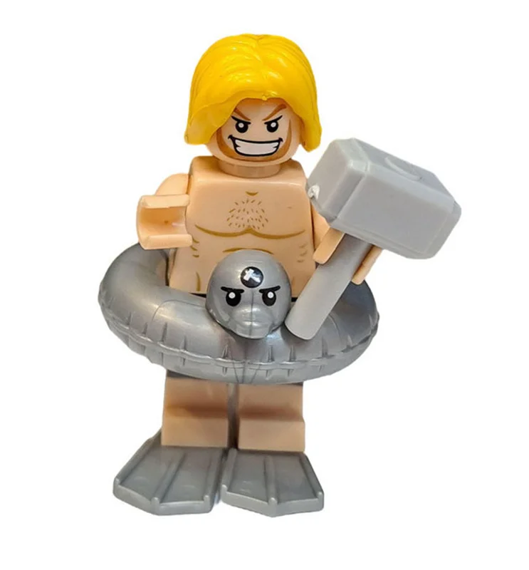 نمای جلوی مینی فیگور لگو ثور Thor on vacation با چکش و حلقه بادی