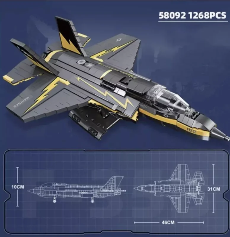 نمای سه بعدی لگو جت رعد و برق با نمایش ابعاد دقیق