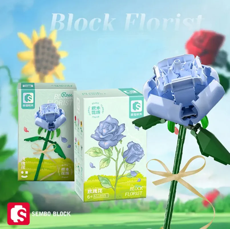 لگو شاخه گل رز آبی Blue Rose 61005B در کنار سایر گلهای لگویی