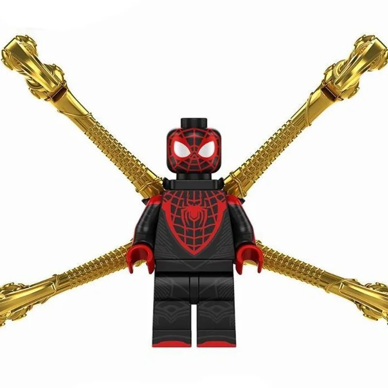 نمای جلو فیگور اسپایدرمن مایلز مورالز با لباس کلاسیک و بازوهای طلایی