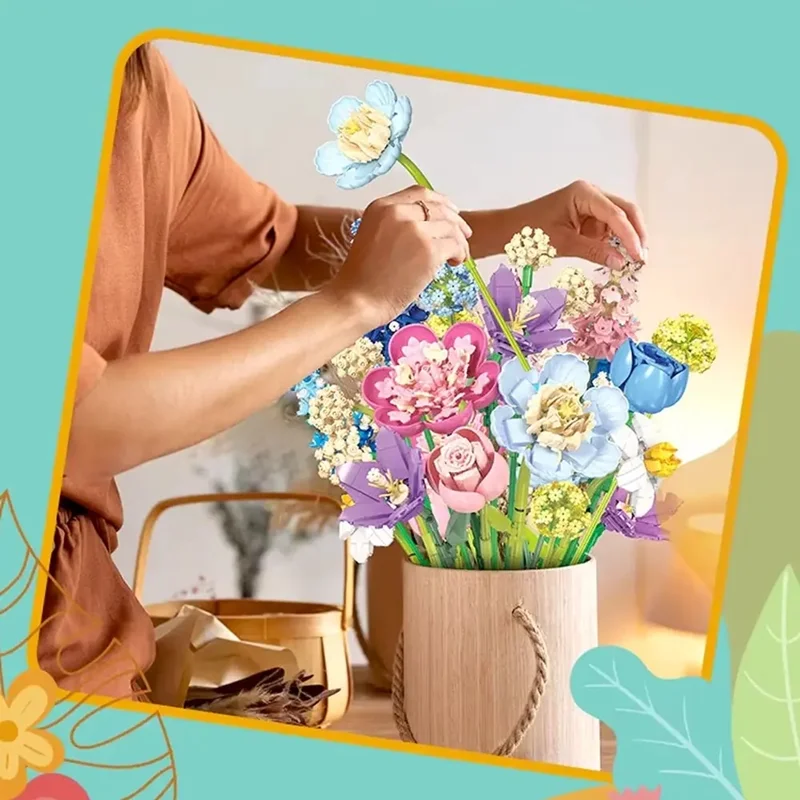 نمایش لگو گلهای نوک انگشتی عاشقانه در گلدان برای دکور