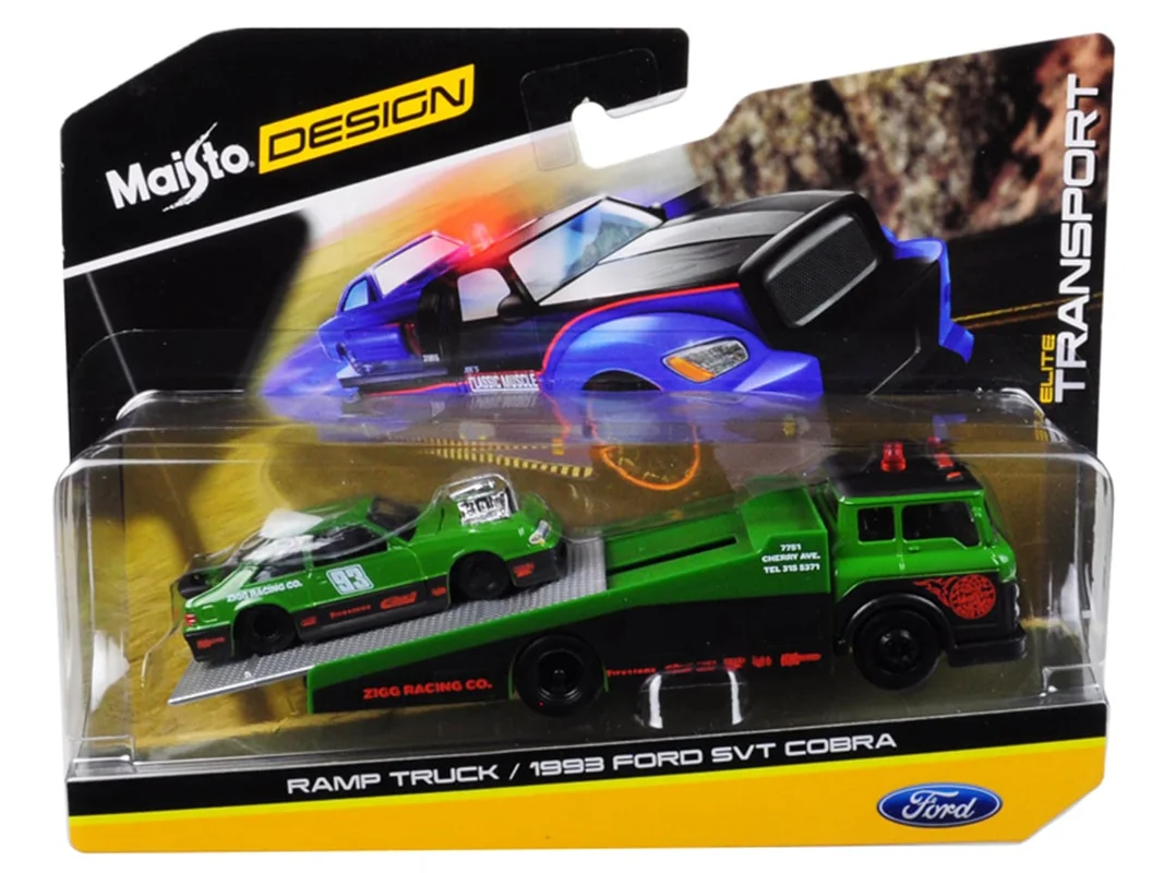 نمای بستهبندی جلوی ماشین فلزی رمپ تراک 1993 فورد SVT کبرا Maisto Ramp Truck 1993 Ford SVT Cobra