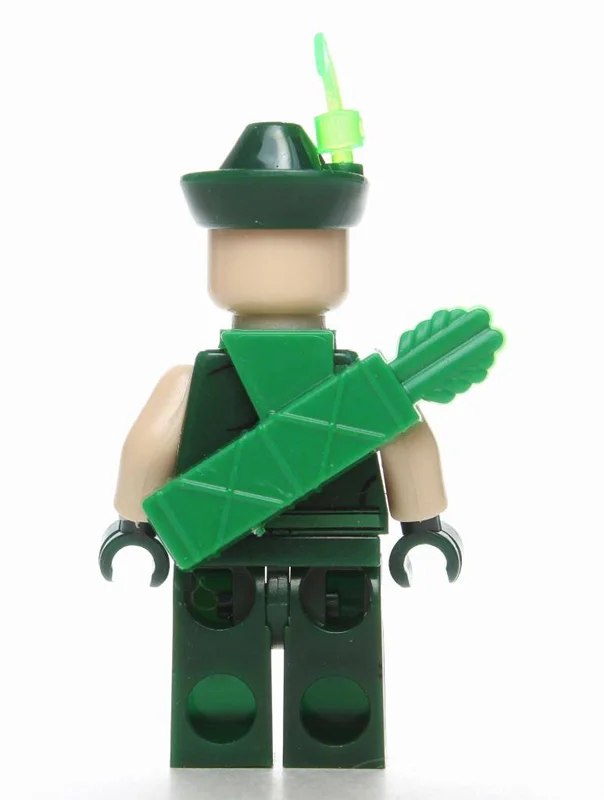 نمای پشت مینی فیگور Green Arrow نشاندهنده طراحی جزئیات لباس و تجهیزات.