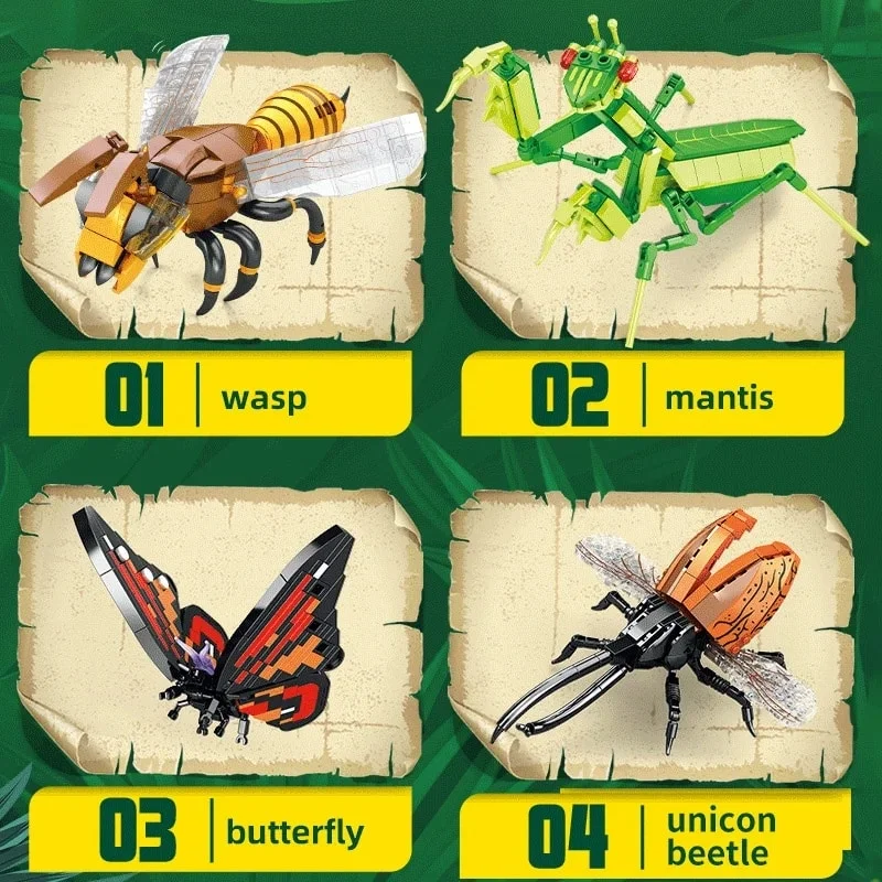 لگو دنیای حشرات Insect World پوستر آموزشی با نام انگلیسی و شمارهگذاری حشرات در پسزمینه جنگلی
