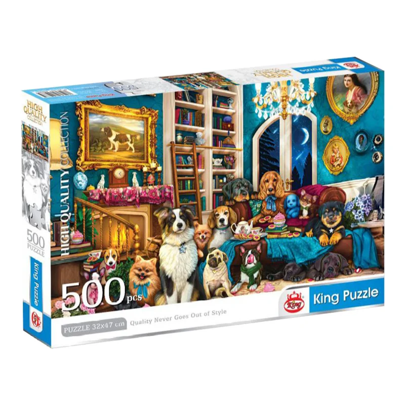 نمای سهبعدی جعبه پازل کینگ 500 تکه سگهای خانگی Pet dogs مدل King High Quality Collection 8046