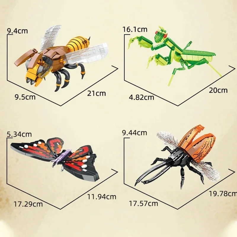 لگو دنیای حشرات Insect World تصویر ابعاد دقیق هر مدل شامل زنبور، پروانه، سوسک و آخوندک
