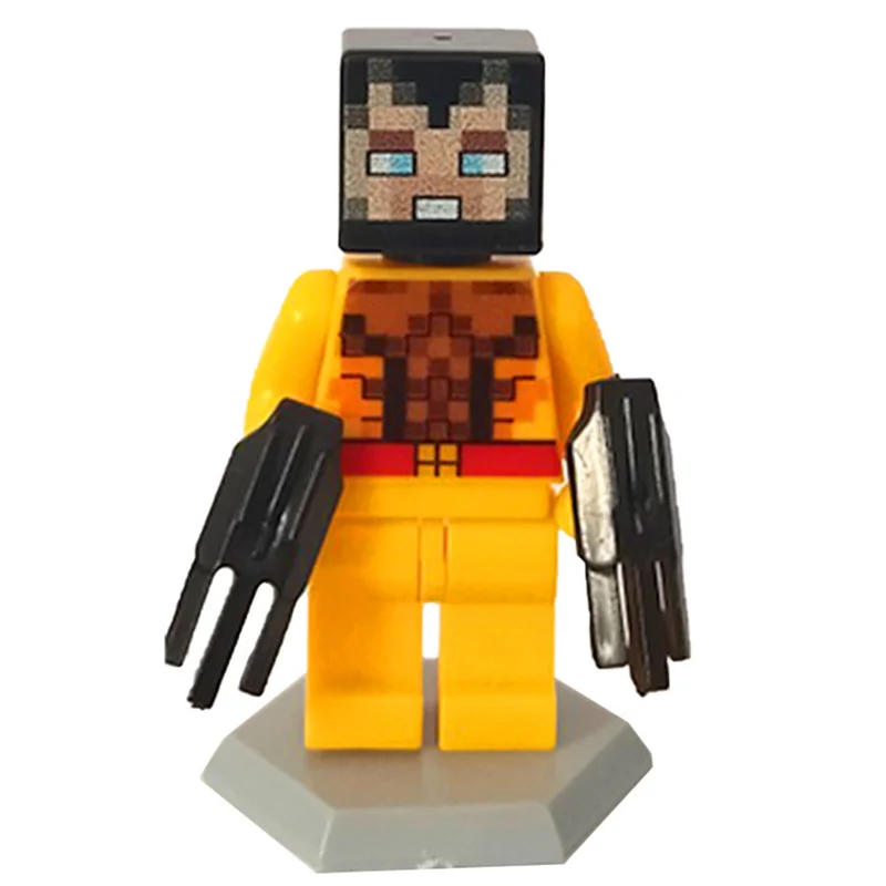 مینی فیگور لگو ولورین ماینکرفتی از نمای جلو با سلاحهای سیاه و نقره ای