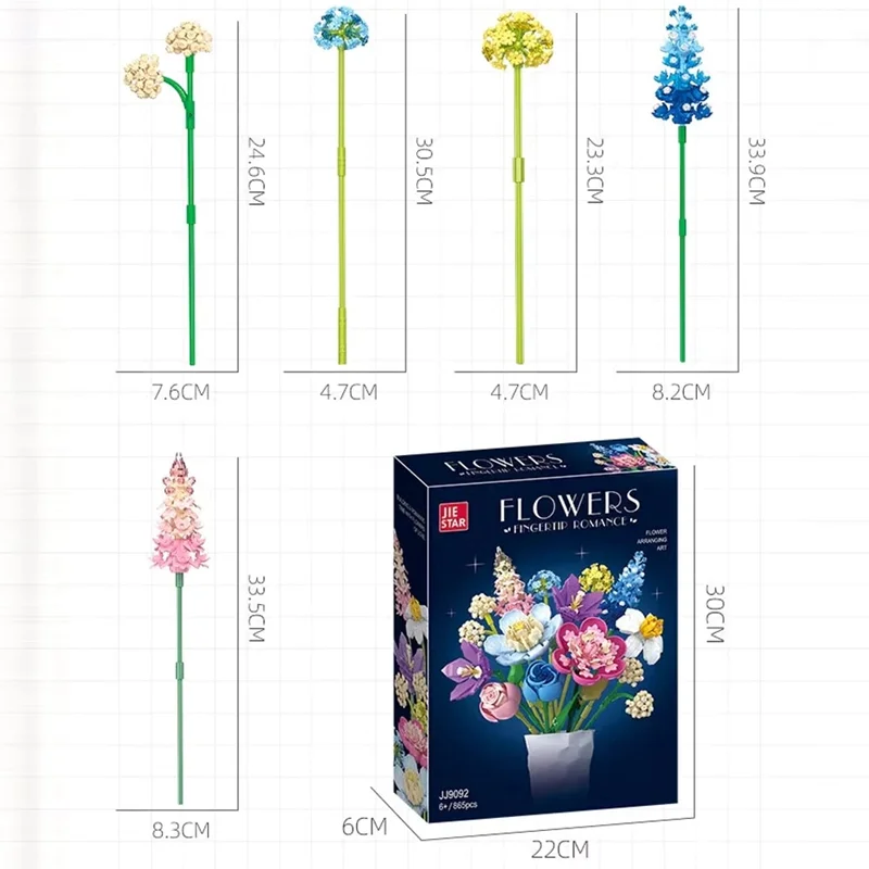 نمایش ابعاد بسته بندی و شاخه های گل لگو گلهای نوک انگشتی عاشقانه