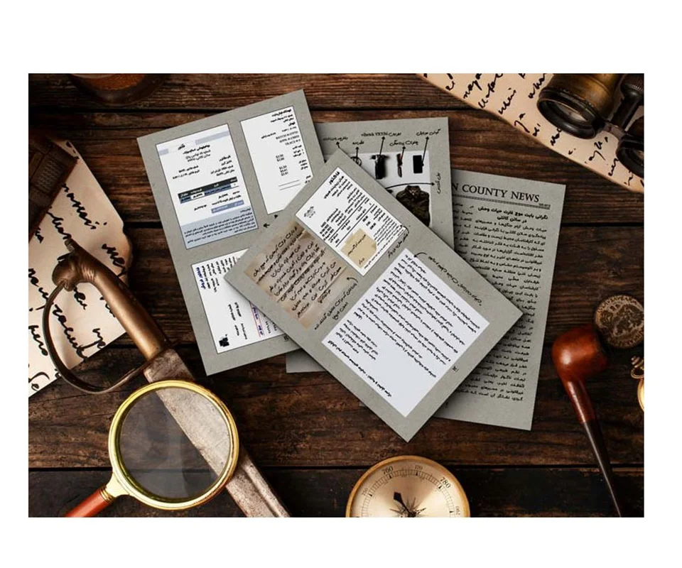 نمای کلی محتویات کاغذی بازی فکری پرونده خیانت